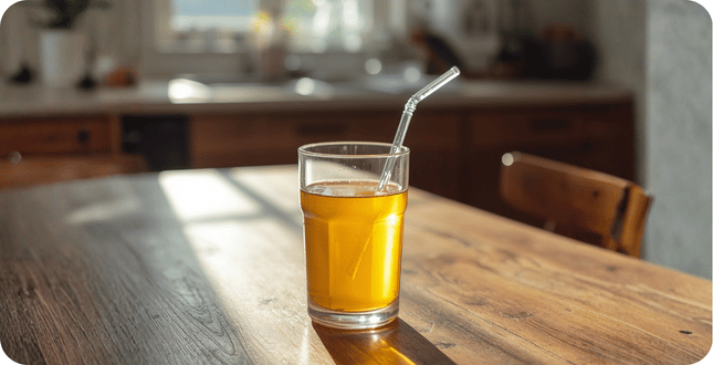 Glas verdunde appelazijn met een glazen rietje op een houten keukentafel in een lichte, natuurlijke keuken
